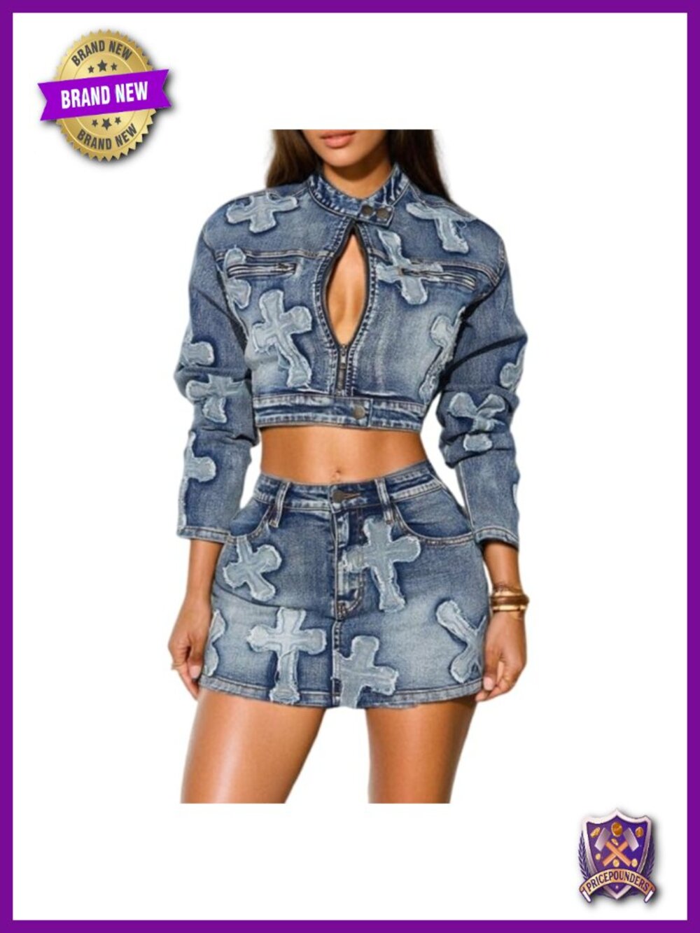 Women's 2 Piece Nylon Denim Jacket & Mini Skirt Set Zipper Long Sleeve